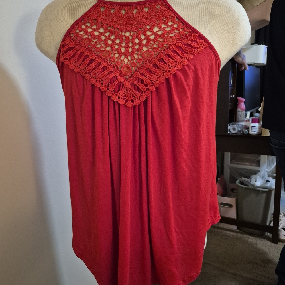 Large Red Sleeveless Asymmetrical Embellished Tank Top‎